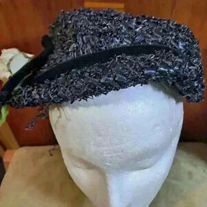 Vintage 40's 50's Black Woven Raffia Hat Ladies Women's
